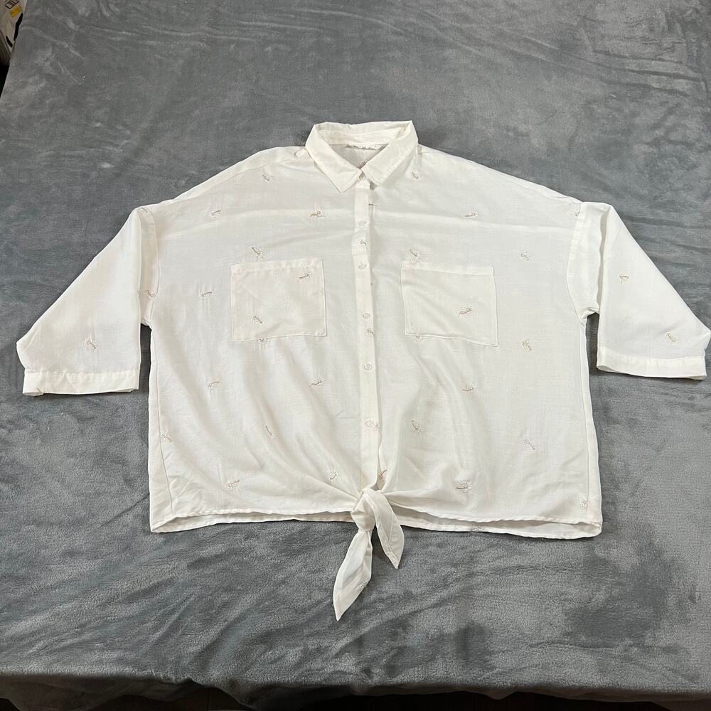 LUSH Embroidered Floral Button Up Shirt Size XXL Drop Shoulder Boxy 3/4 Sleeve